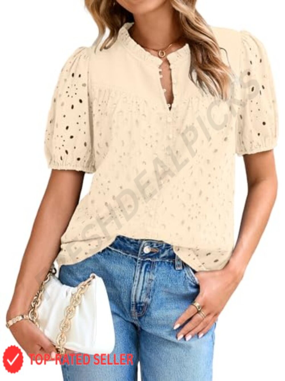 Womens 100% Cotton Eyelet Embroidered Puff Sleeve Blouse Button Down Top